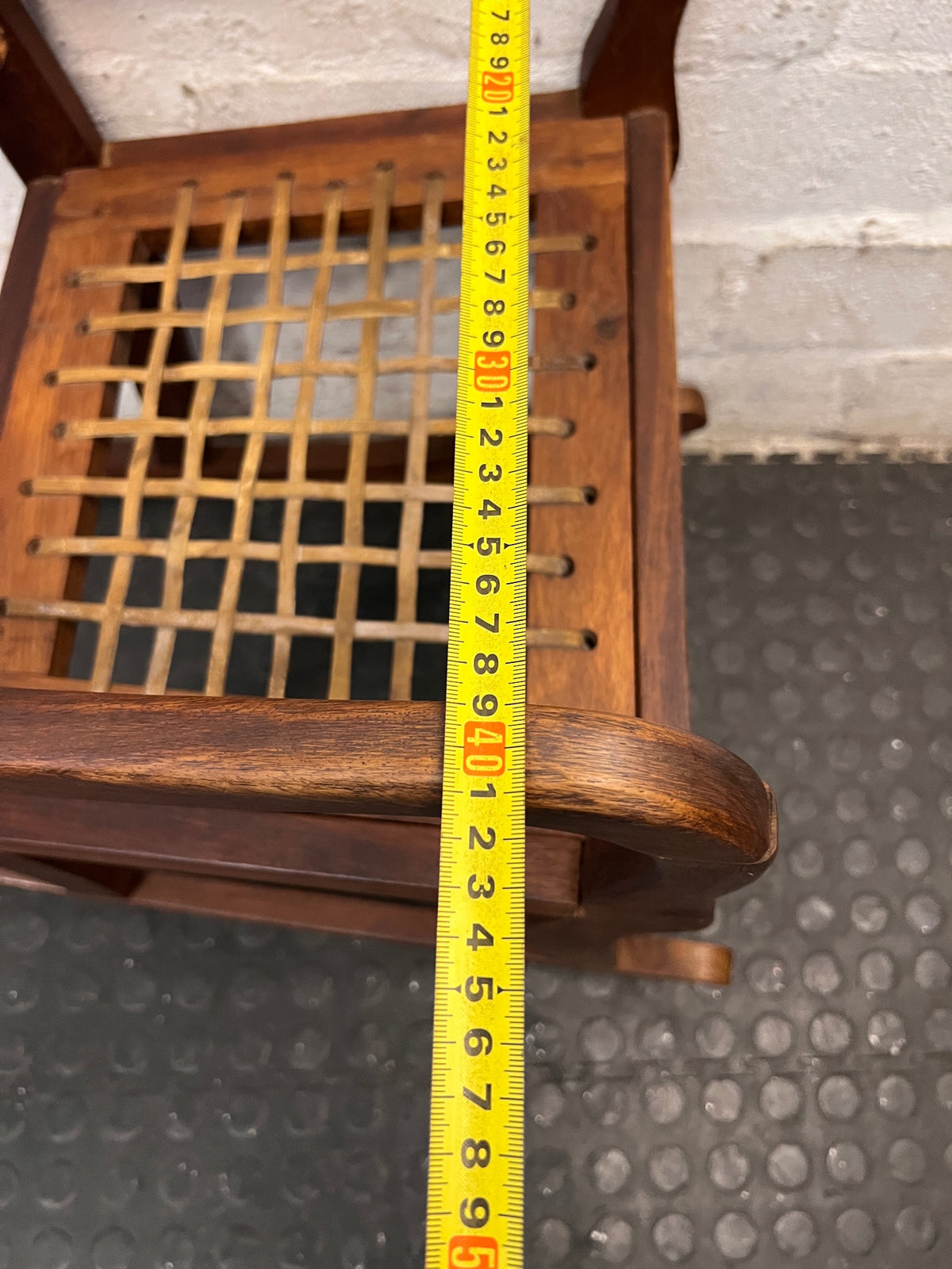 Carved Elephant Detail Wooden Rocking Chair — Good Working Order – width measurement