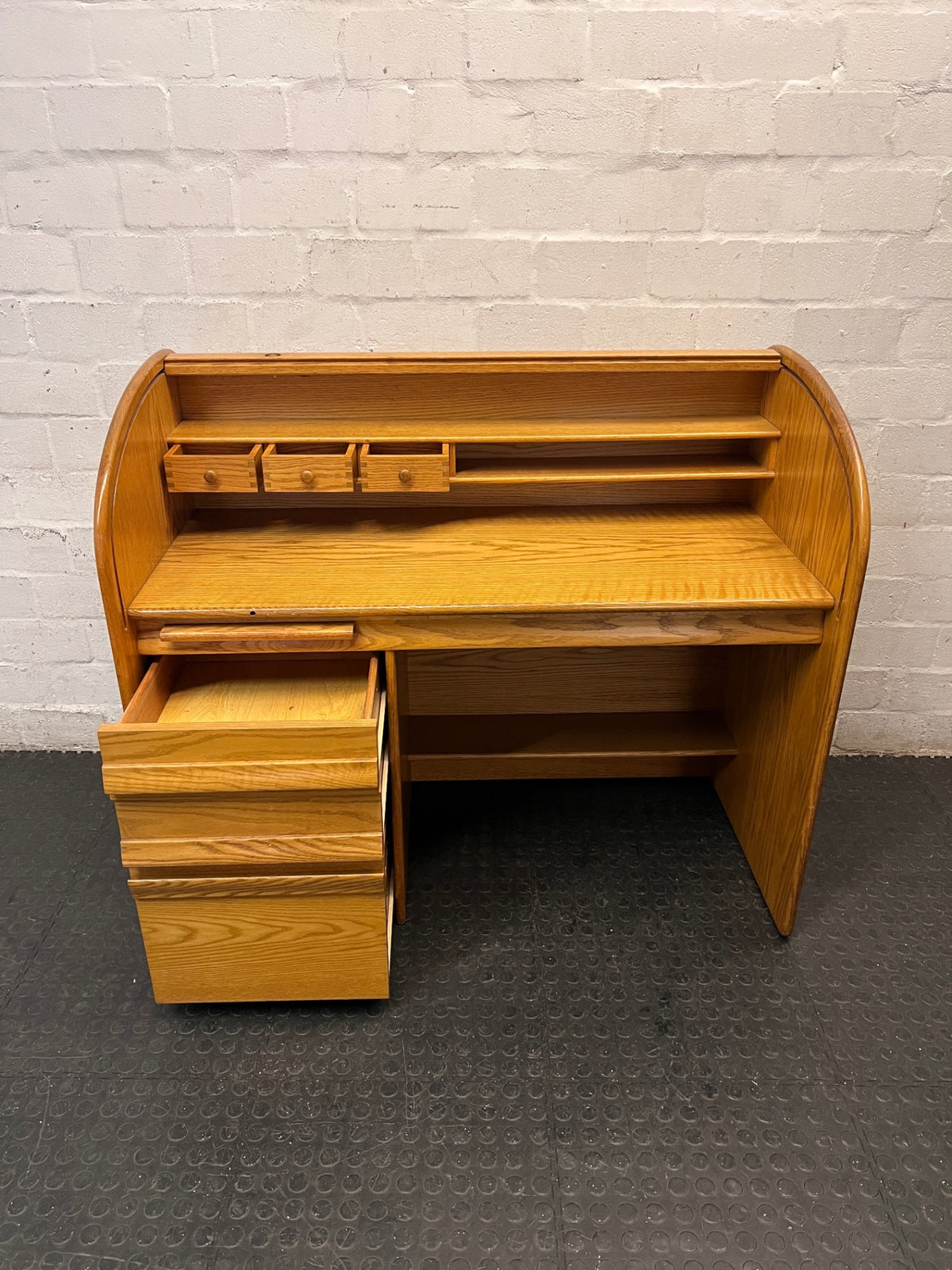 Oak Rolltop Office Desk with Drawers — Good Working Order – side view