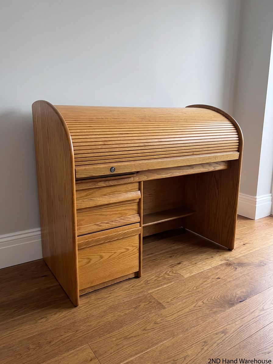 Oak Rolltop Office Desk with Drawers — Good Working Order – styled product image
