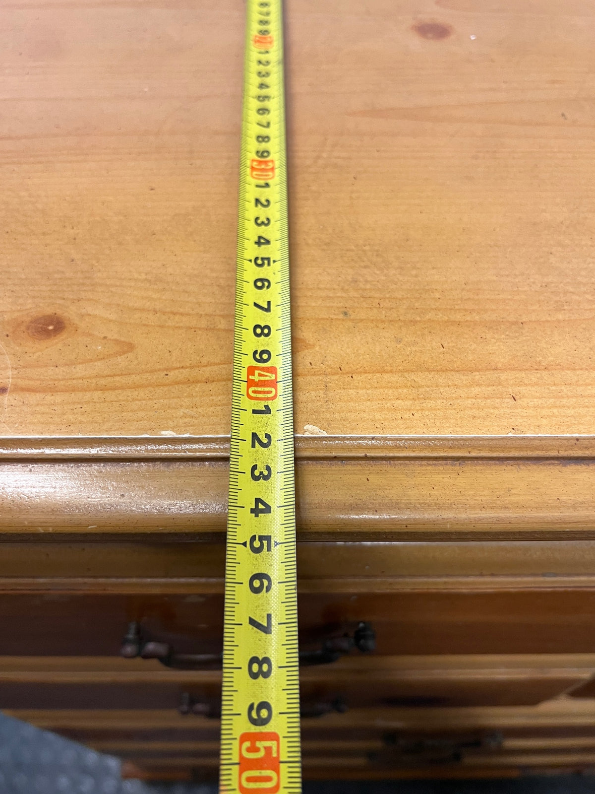 Traditional Oak Tone Chest of Drawers with Cupboard — Used Condition – depth measurement