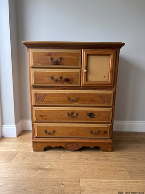 Traditional Oak Tone Chest of Drawers with Cupboard — Used Condition – styled product image