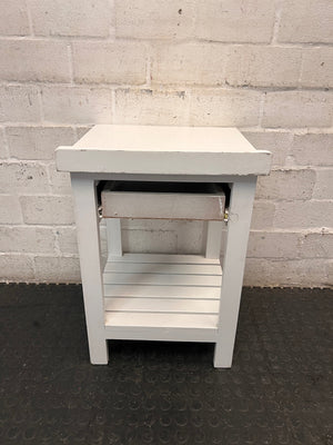 White Cottage Style Bedside Table with Slatted Shelf – back view
