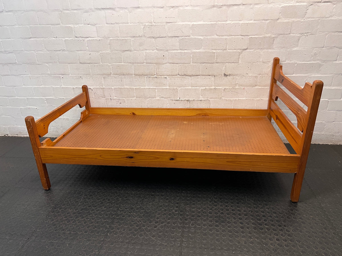 Single Pine Bed Frame with Slatted Headboard — Used; Fair Condition – side view