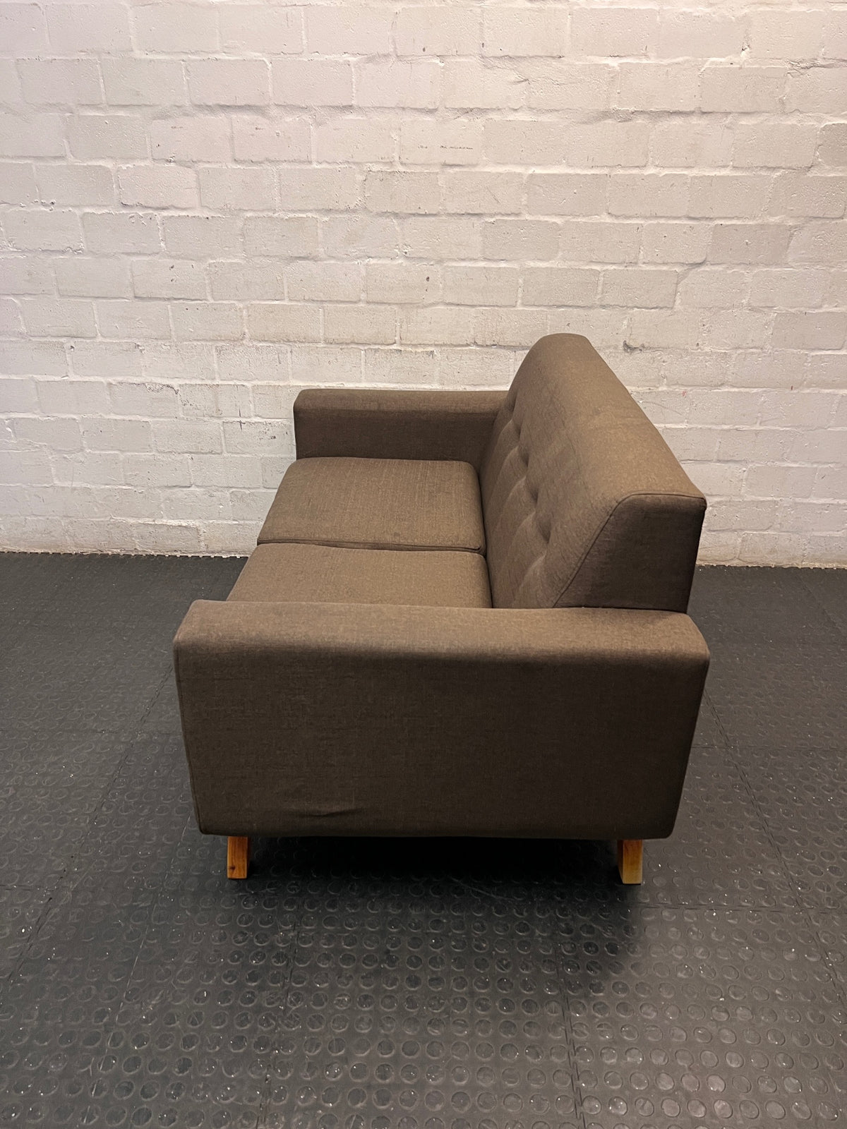 Button Tufted 2 Seater Couch with Wooden Legs – side view