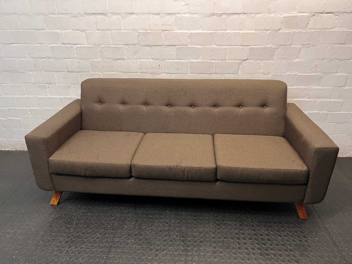 Mid-Century Style 3 Seater Couch in Brown Fabric — Fair Condition with Minor Marks – main front view
