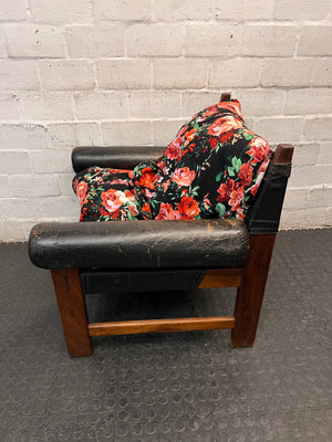 Vintage Brown Leather Armchair with Floral Cushion — Well Used with Significant Leather Wear – back view