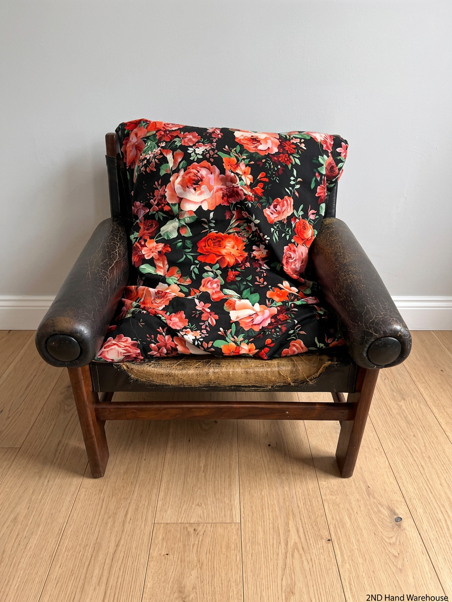 Vintage Brown Leather Armchair with Floral Cushion — Well Used with Significant Leather Wear – styled product image