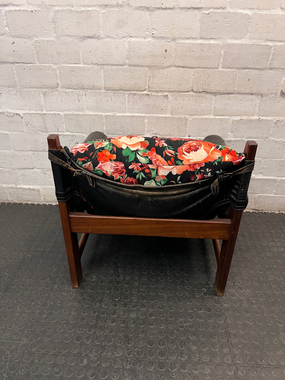 Vintage Brown Leather Armchair with Floral Cushion — Well Used with Significant Leather Wear – top view
