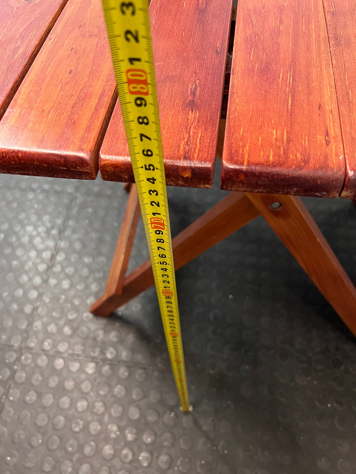 Foldable Slatted Timber Table in Warm Brown — Fair Condition with Visible Wear – height measurement