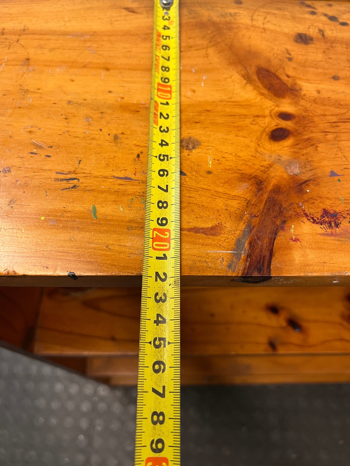 Low Pine Bookshelf with Three Tiers — Fair Condition with Visible Surface Wear – depth measurement