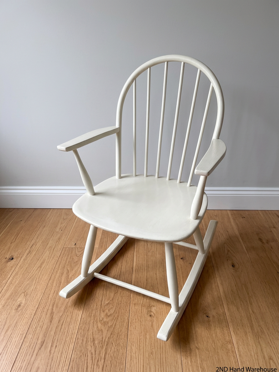 Vintage Style White Spindle Back Rocking Chair — Used; Fair Condition – styled product image