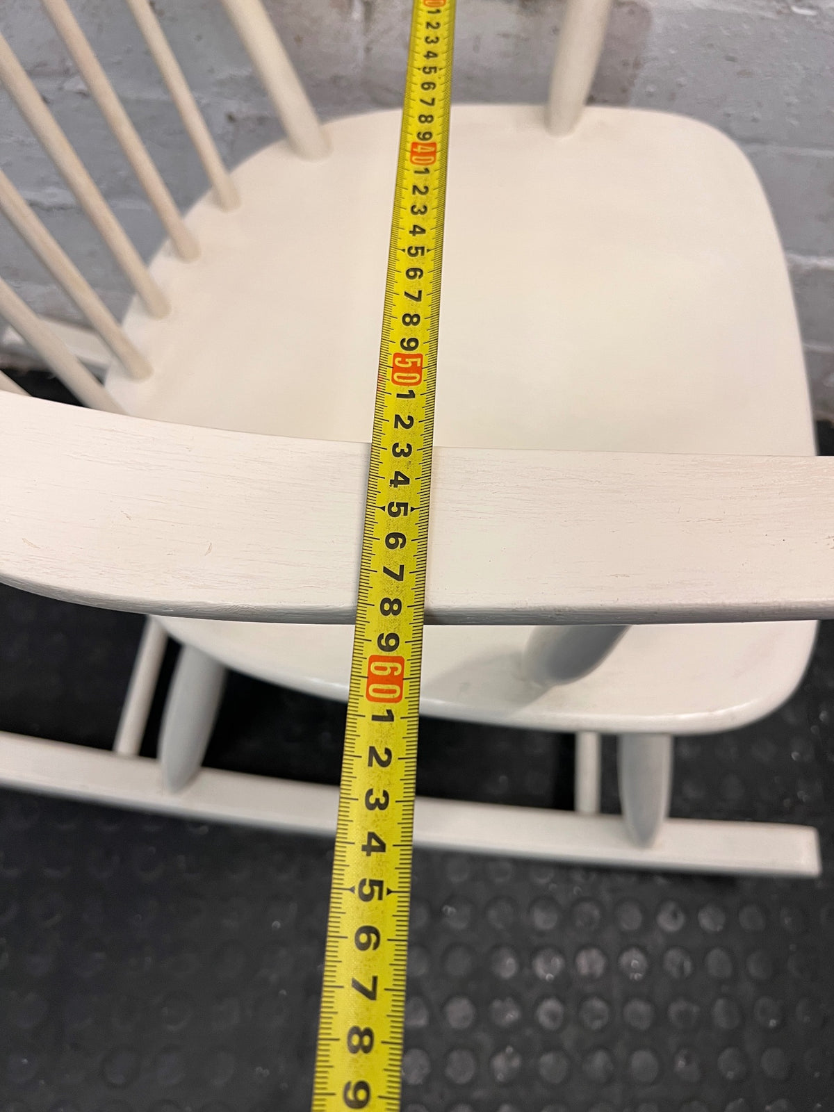 Vintage Style White Spindle Back Rocking Chair — Used; Fair Condition – width measurement