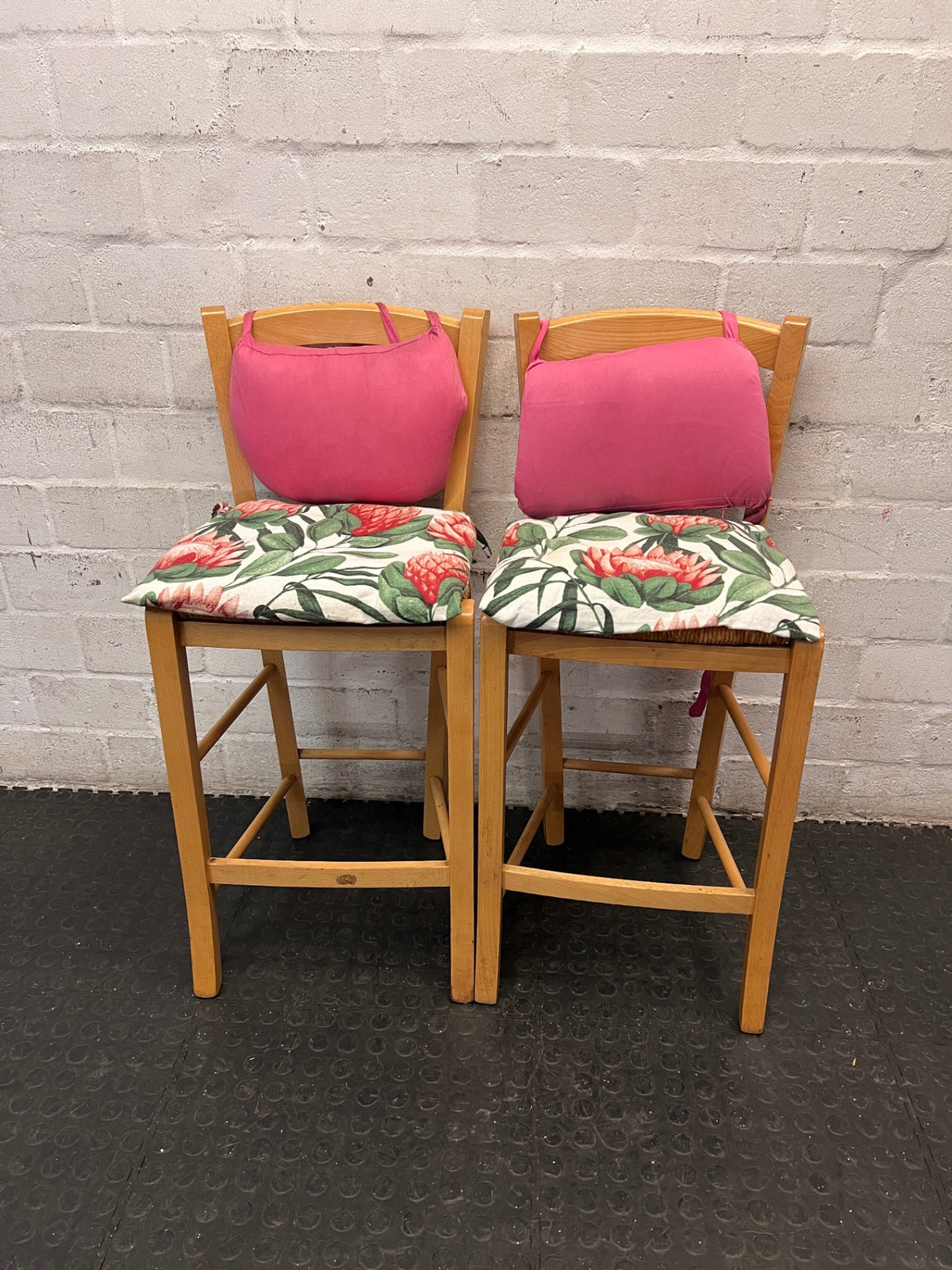 Light Wood Dining Chair with Protea Print Cushion — Well Used Condition – condition detail