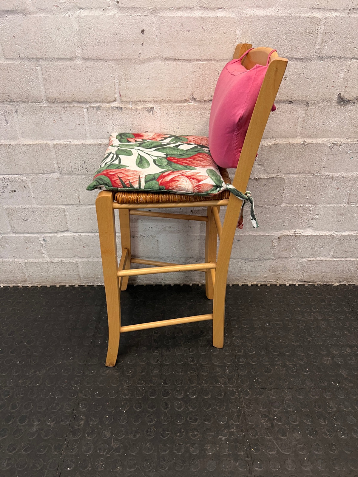 Light Wood Dining Chair with Protea Print Cushion — Well Used Condition – side view