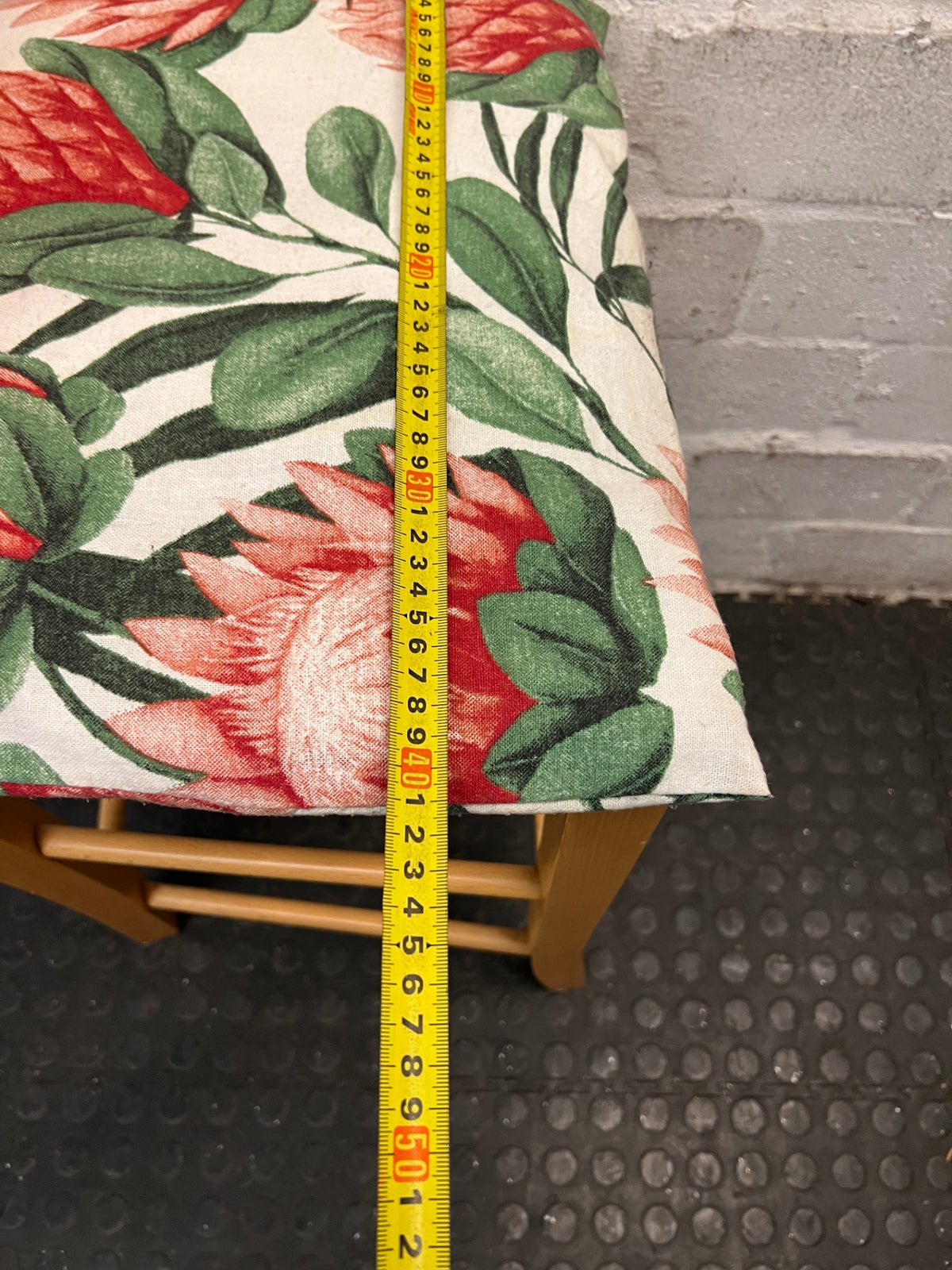 Light Wood Dining Chair with Protea Print Cushion — Well Used Condition – width measurement