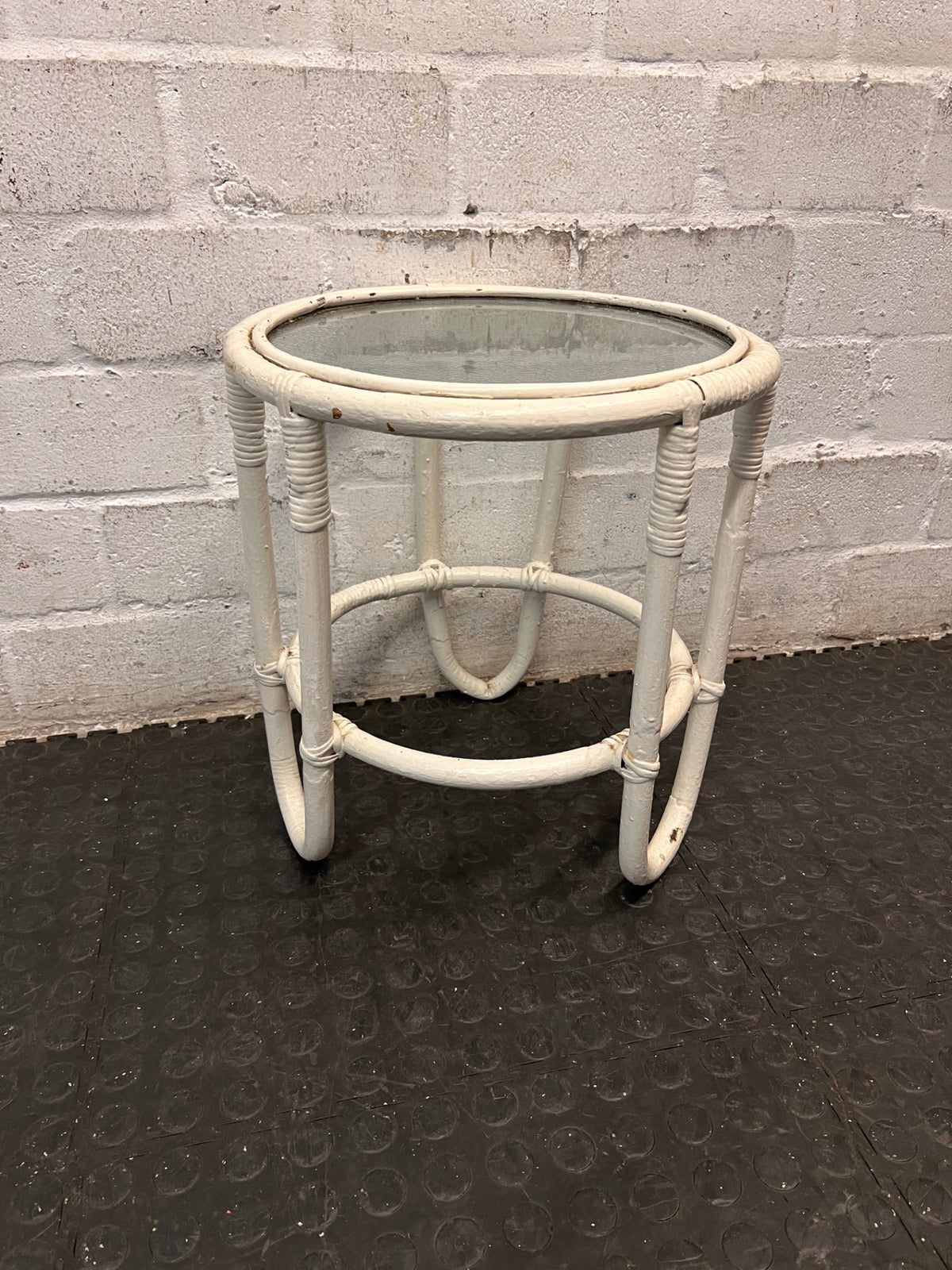 Round Glass-Top Painted Cane Side Table – back view