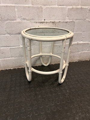Round Glass-Top Painted Cane Side Table – back view