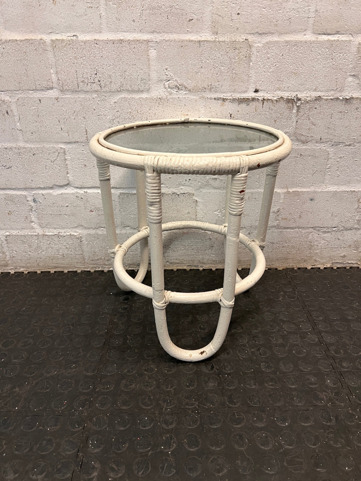 Round Glass-Top Painted Cane Side Table – condition detail