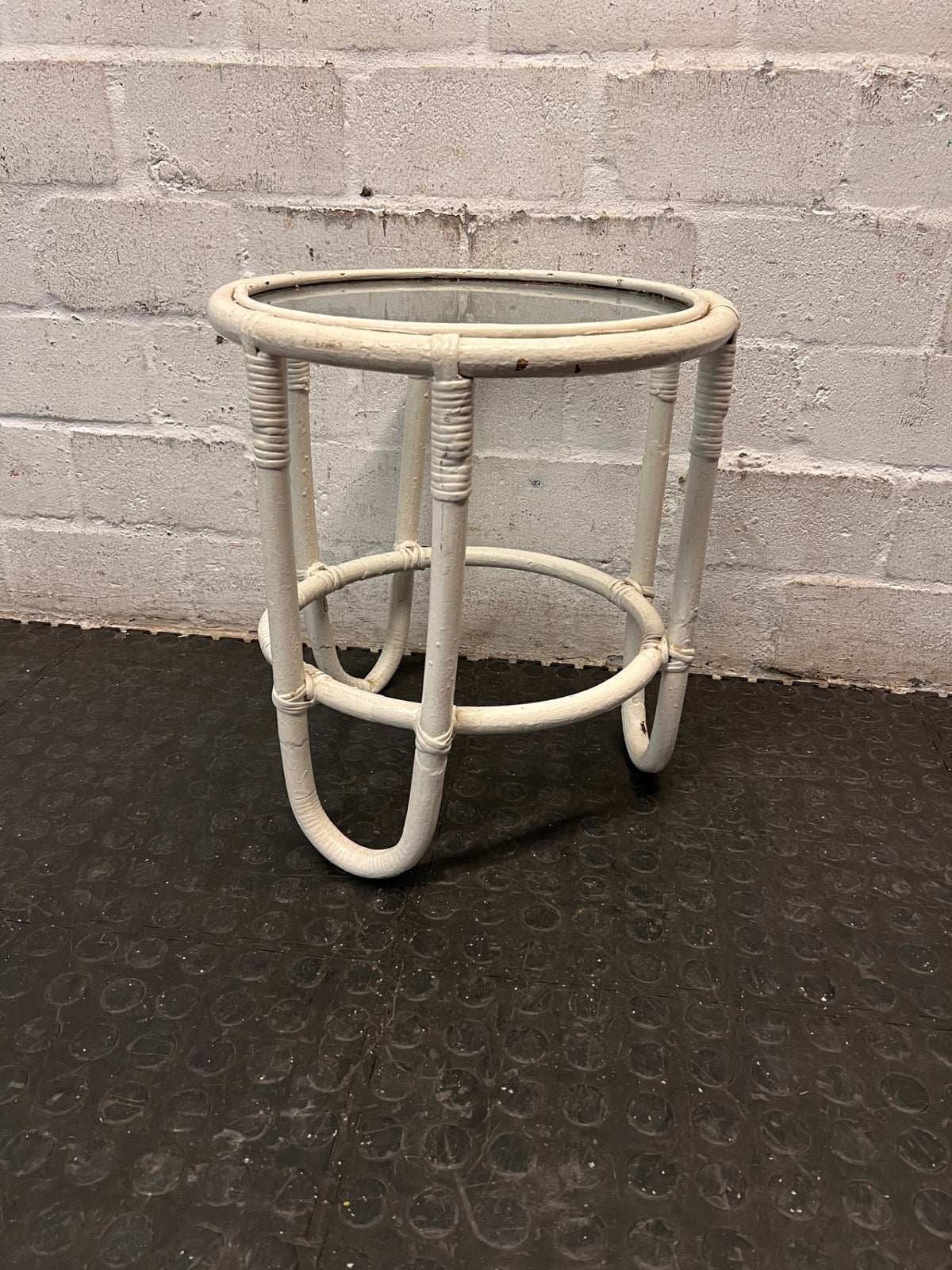 Round Glass-Top Painted Cane Side Table – main front view