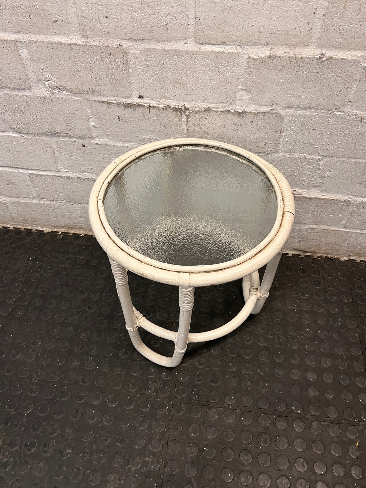 Round Glass-Top Painted Cane Side Table – side view