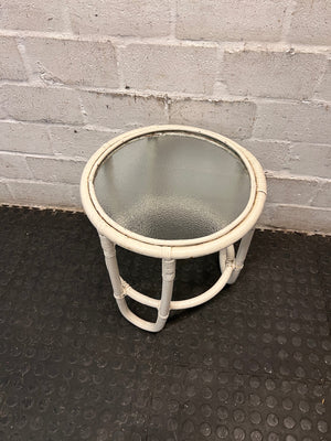 Round Glass-Top Painted Cane Side Table – side view