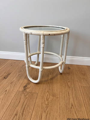 Round Glass-Top Painted Cane Side Table – styled product image