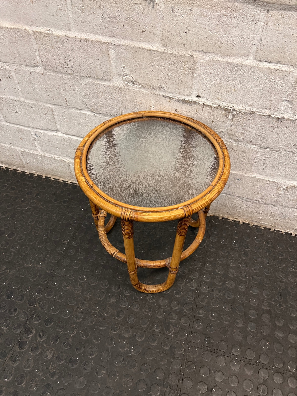 Round Bamboo and Glass Side Table – side view