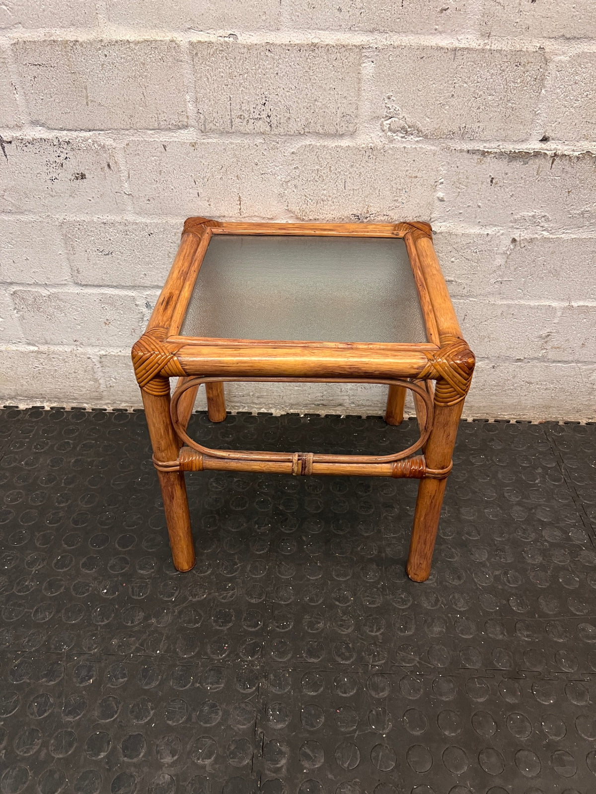 Square Bamboo Style Side Table with Glass Top — Well Used Condition – back view