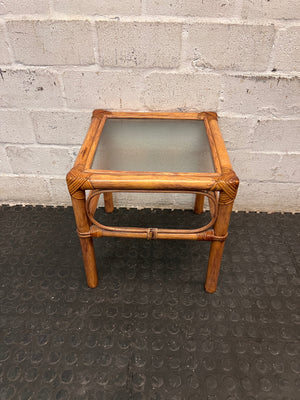 Square Bamboo Style Side Table with Glass Top — Well Used Condition – back view