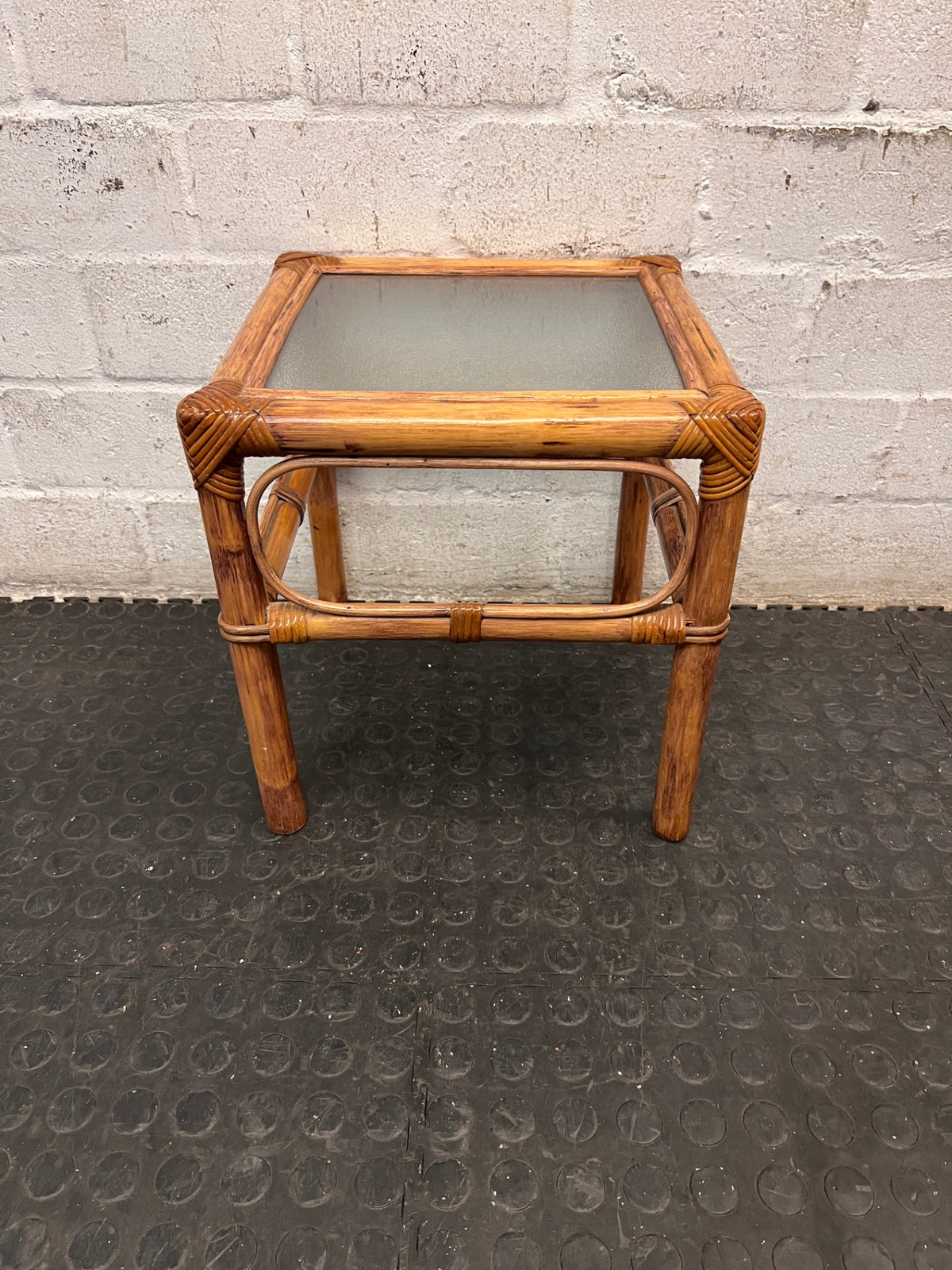 Square Bamboo Style Side Table with Glass Top — Well Used Condition – condition detail