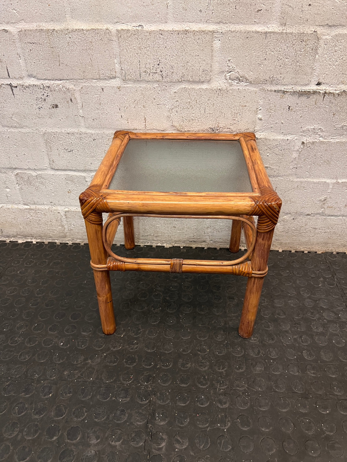 Square Bamboo Style Side Table with Glass Top — Well Used Condition – main front view