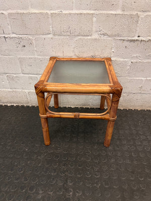 Square Bamboo Style Side Table with Glass Top — Well Used Condition – main front view