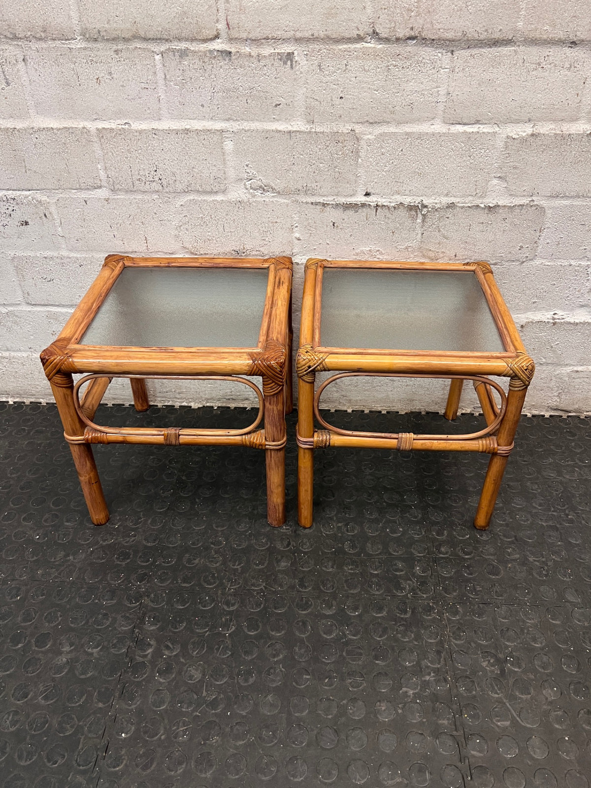 Square Bamboo Style Side Table with Glass Top — Well Used Condition – side view