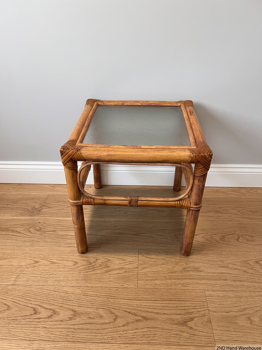 Square Bamboo Style Side Table with Glass Top — Well Used Condition – styled product image