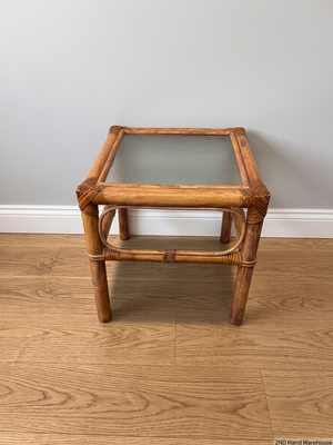 Square Bamboo Style Side Table with Glass Top — Well Used Condition – styled product image