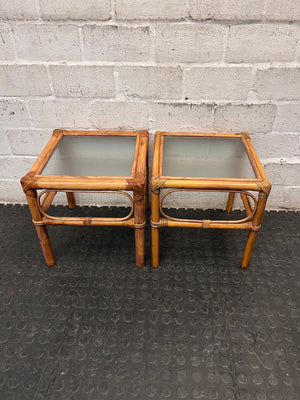 Square Bamboo Style Side Table with Glass Top — Well Used Condition – top view