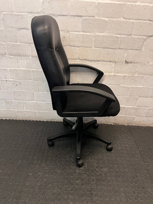 High-Back Black Swivel Office Chair — Broken Wheels on Chair Base – back view