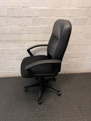 High-Back Black Swivel Office Chair — Broken Wheels on Chair Base – side view