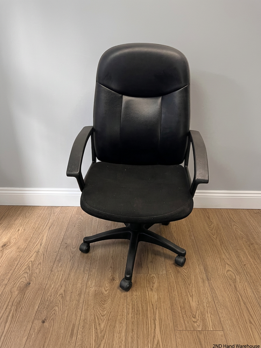 High-Back Black Swivel Office Chair — Broken Wheels on Chair Base – styled product image
