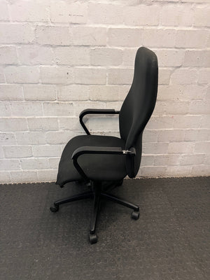 High-Back Black Fabric Office Chair — Broken Wheels – side view