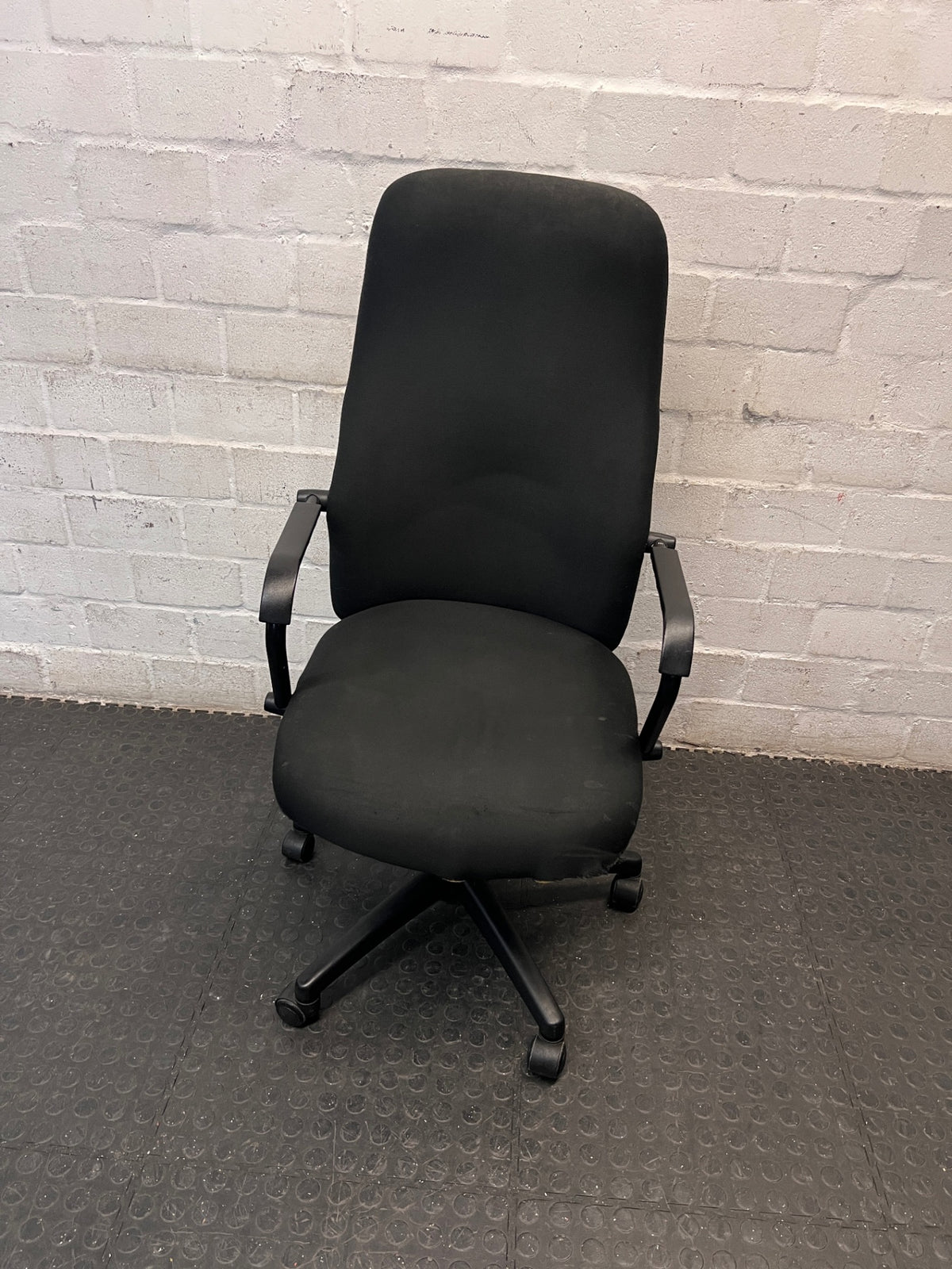High-Back Black Fabric Office Chair — Broken Wheels – top view