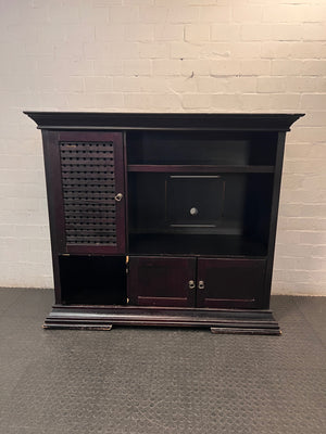 Dark Wood Finish TV Unit with Lattice Detail — Good Working Order – main front view