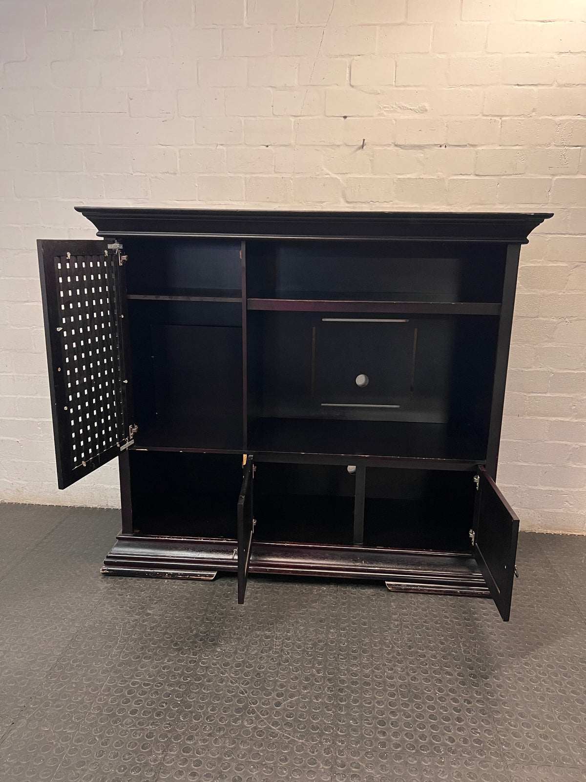Dark Wood Finish TV Unit with Lattice Detail — Good Working Order – side view