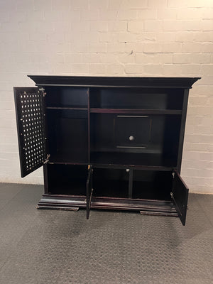 Dark Wood Finish TV Unit with Lattice Detail — Good Working Order – side view
