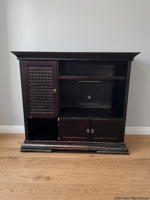 Dark Wood Finish TV Unit with Lattice Detail — Good Working Order – styled product image