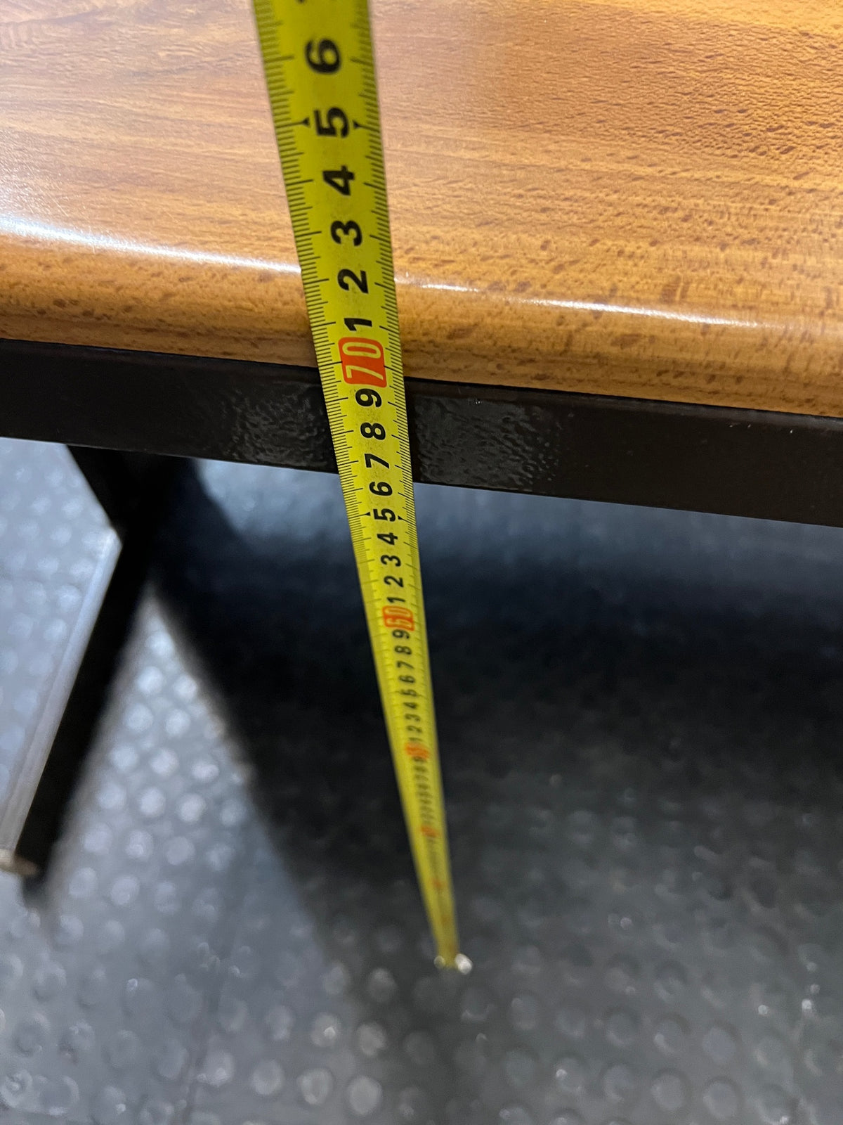 Wood-Look Office Desk with Dark Brown Metal Frame — Good Working Order – height measurement