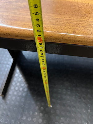 Wood-Look Office Desk with Dark Brown Metal Frame — Good Working Order – height measurement