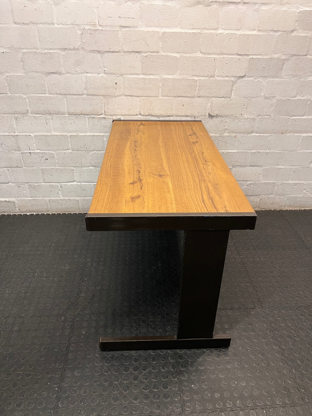 Wood-Look Office Desk with Dark Brown Metal Frame — Good Working Order – side view