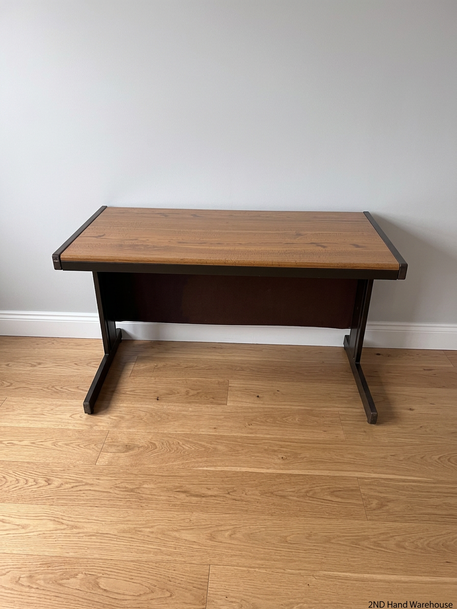 Wood-Look Office Desk with Dark Brown Metal Frame — Good Working Order – styled product image