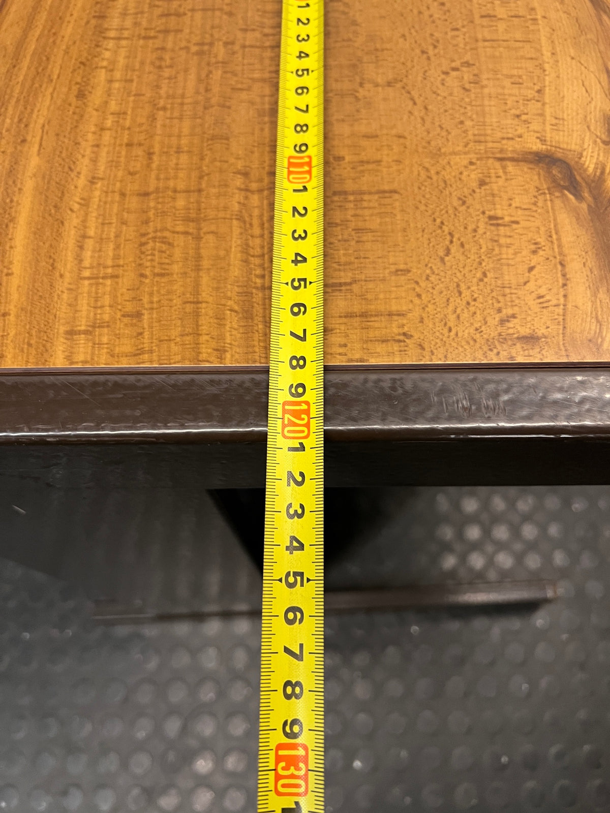 Wood-Look Office Desk with Dark Brown Metal Frame — Good Working Order – width measurement